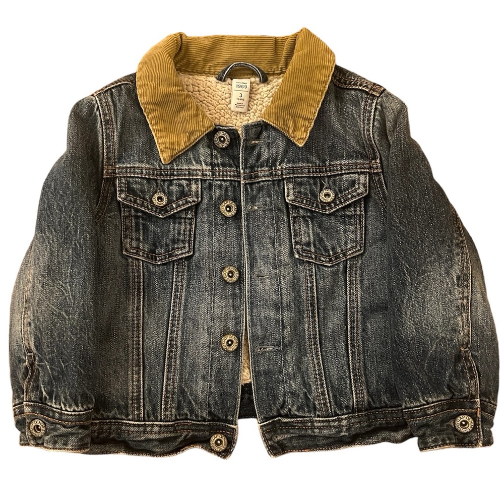 Baby Gap Toddler Boys 3 3T Sherpa Jean Denim Jacket Corduroy Collar Blue Beige